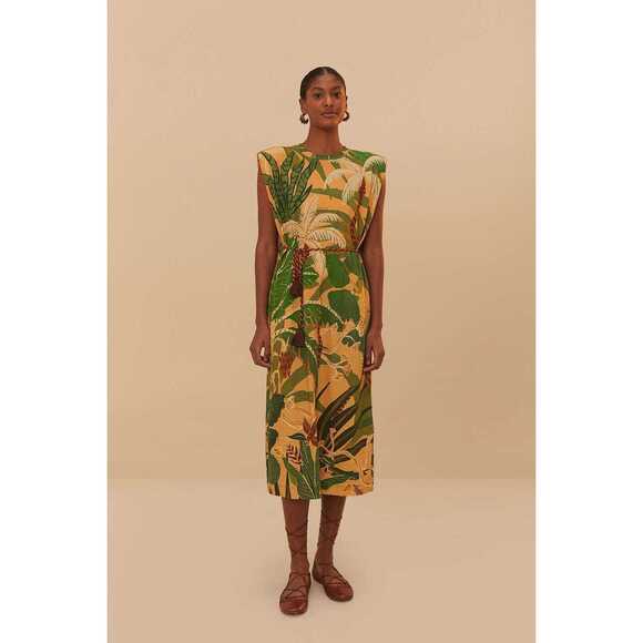 FARM Rio Dresses & Skirts - Farm Rio | Beige Tropical Isla Midi Dress~Padded Shoulders & Tiger Tail Belt